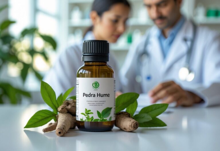 Garrafa pequena com ervas naturais ao redor em uma superfície branca, com profissional de saúde ao fundo.