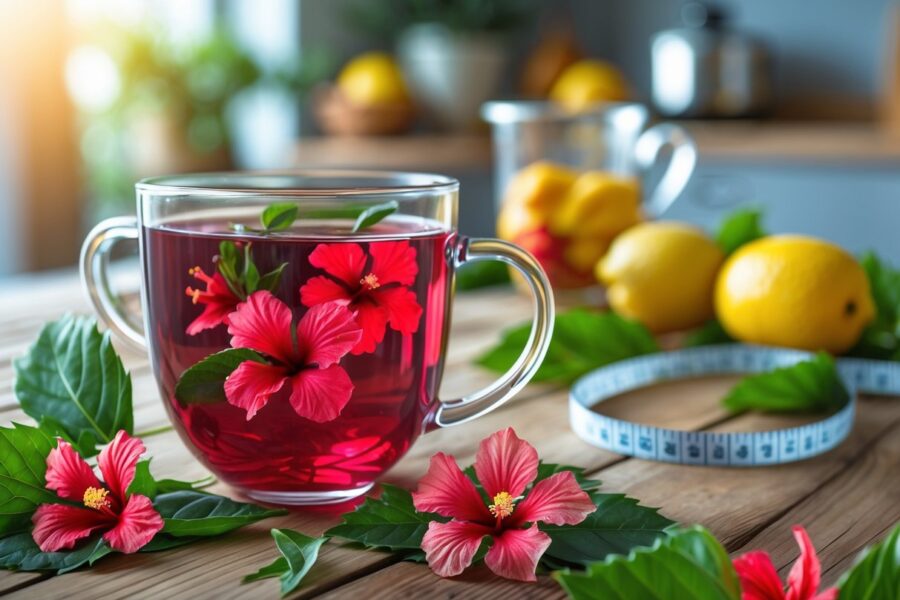 Uma xícara de vidro com chá de hibisco vermelho sobre uma mesa de madeira, cercada por flores de hibisco frescas e folhas verdes, com frutas e uma fita métrica ao fundo.
