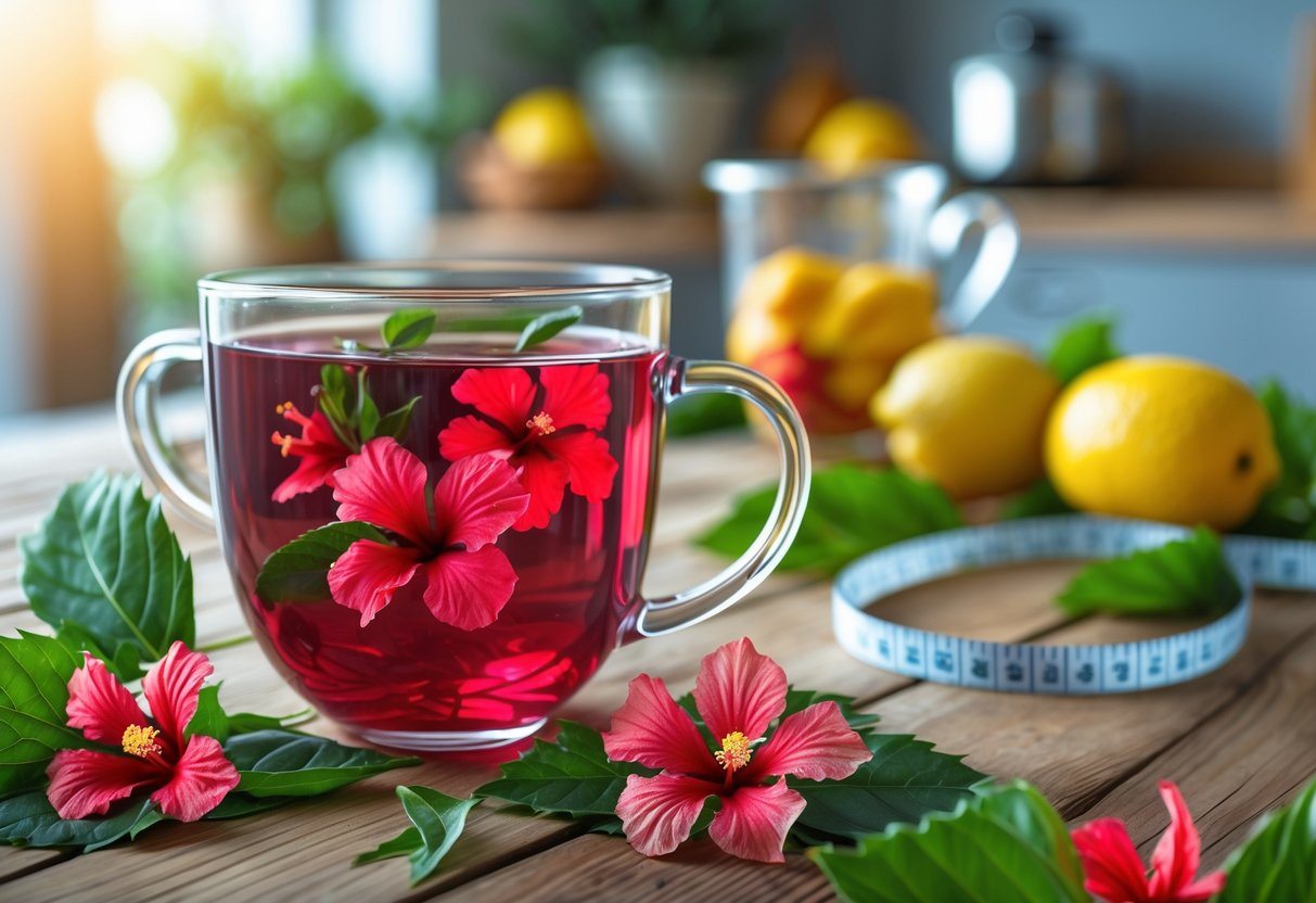 Uma xícara de vidro com chá de hibisco vermelho sobre uma mesa de madeira, cercada por flores de hibisco frescas e folhas verdes, com frutas e uma fita métrica ao fundo.