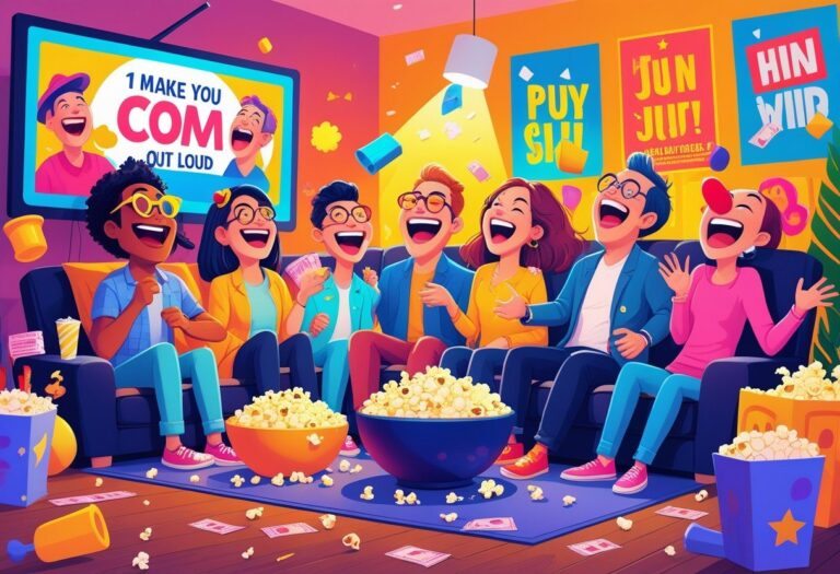 Grupo de pessoas rindo e se divertindo enquanto assistem a um filme de comédia em uma sala aconchegante.