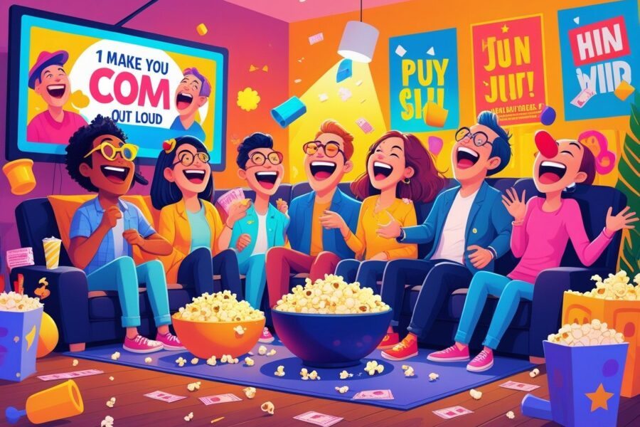 Grupo de pessoas rindo e se divertindo enquanto assistem a um filme de comédia em uma sala aconchegante.