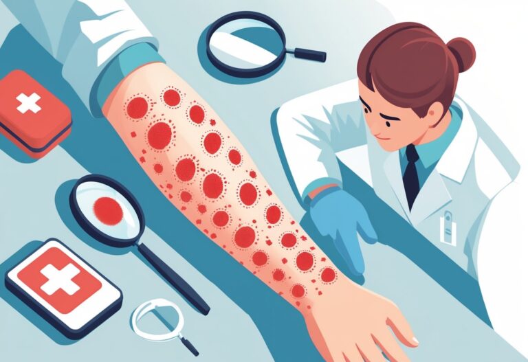 Braço humano com marcas vermelhas elevadas, um profissional de saúde examinando a pele com preocupação, símbolos relacionados a reações alérgicas ao redor.