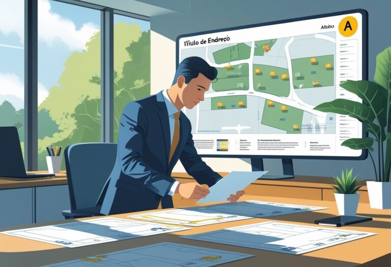 Pessoa em escritório revisando documentos sobre propriedades com mapa digital ao fundo mostrando áreas e endereços destacados.