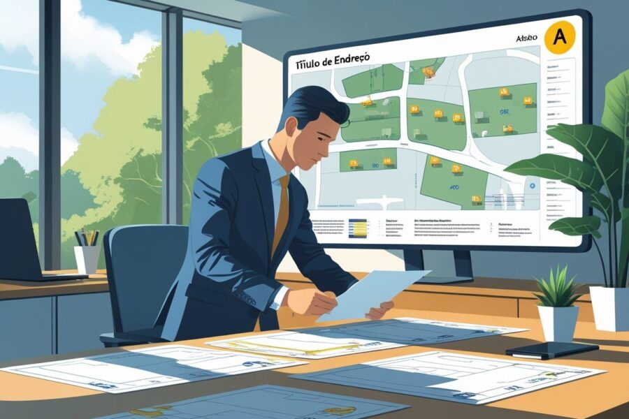 Pessoa em escritório revisando documentos sobre propriedades com mapa digital ao fundo mostrando áreas e endereços destacados.
