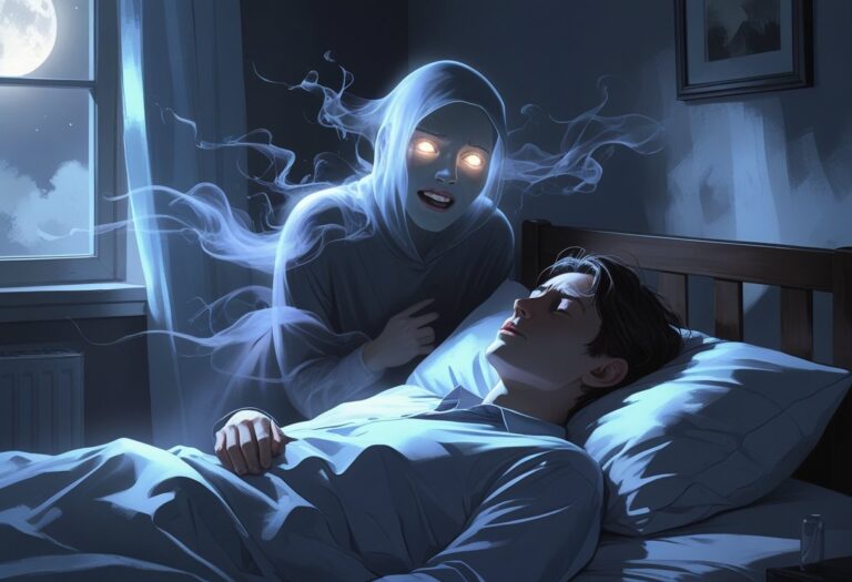 Pessoa dormindo com uma figura fantasmagórica e possuída flutuando acima dela, em um ambiente escuro e onírico.