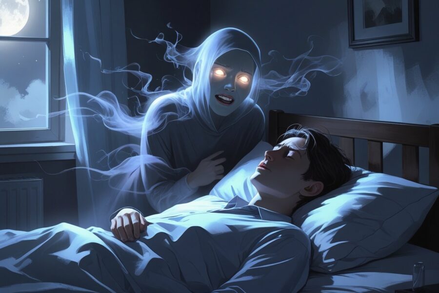 Pessoa dormindo com uma figura fantasmagórica e possuída flutuando acima dela, em um ambiente escuro e onírico.