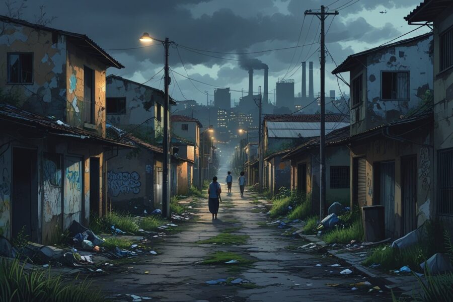 Vista de um bairro degradado em Piracicaba com casas velhas, ruas estreitas e lixo espalhado, mostrando uma área urbana em condições precárias.