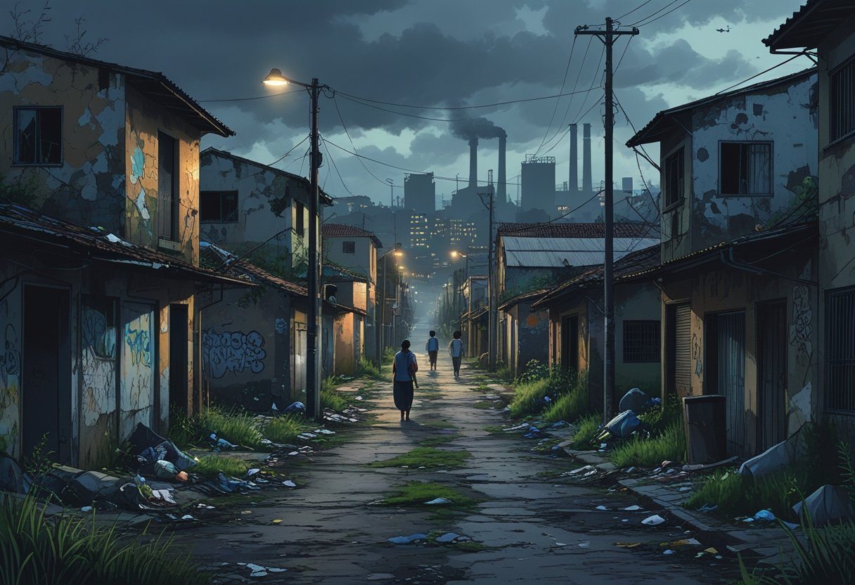 Vista de um bairro degradado em Piracicaba com casas velhas, ruas estreitas e lixo espalhado, mostrando uma área urbana em condições precárias.