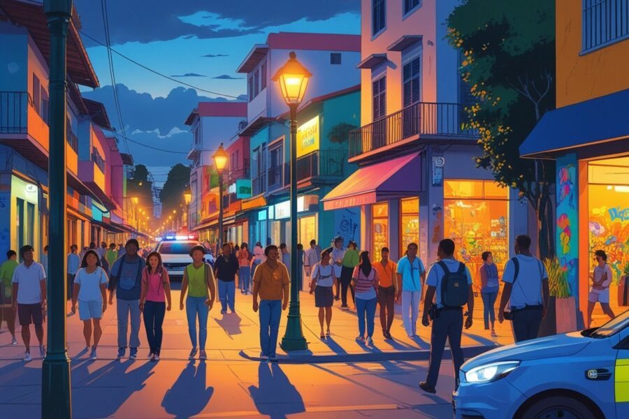 Cena urbana em Nova Iguaçu com pessoas na rua, câmeras de segurança e uma viatura policial ao fundo.