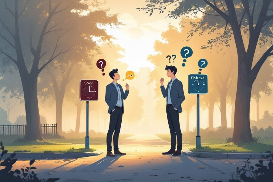 Pessoa pensativa em um parque urbano olhando para uma placa de sinalização em uma bifurcação, simbolizando a escolha entre duas opções de tempo futuro.