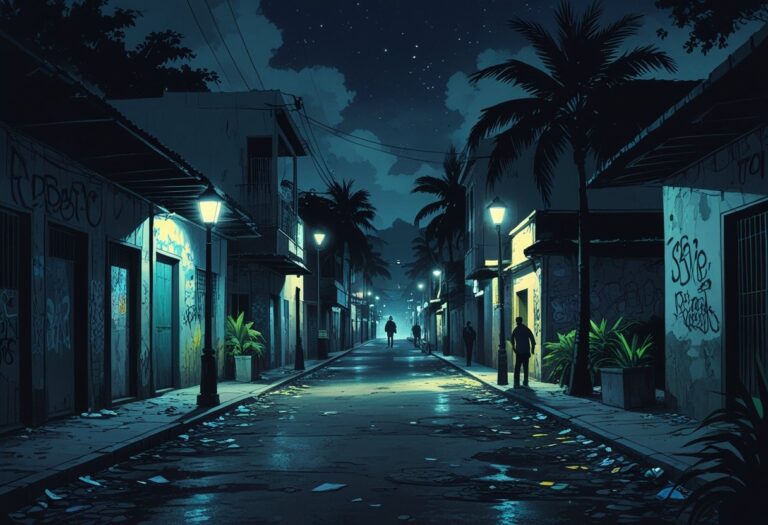 Rua escura em bairro de Cabo Frio com prédios deteriorados, pouca iluminação e poucas pessoas ao fundo, transmitindo sensação de perigo.
