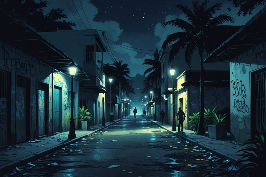 Rua escura em bairro de Cabo Frio com prédios deteriorados, pouca iluminação e poucas pessoas ao fundo, transmitindo sensação de perigo.