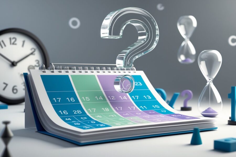 Calendário aberto mostrando seis meses com um grande ponto de interrogação transparente flutuando acima.