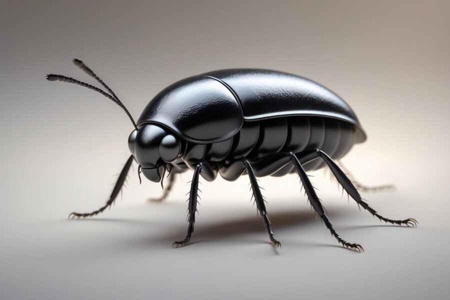 Imagem em 3D de um pequeno inseto preto que parece uma pulga, com corpo oval e pernas finas.