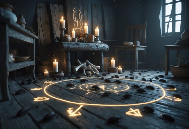 Sala escura com pulgas espalhadas pelo chão e móveis antigos, contendo um altar rústico com velas, ossos, ervas secas e símbolos místicos desenhados no chão e nas paredes.