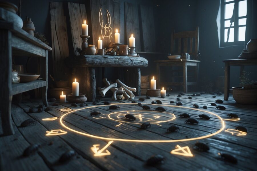 Sala escura com pulgas espalhadas pelo chão e móveis antigos, contendo um altar rústico com velas, ossos, ervas secas e símbolos místicos desenhados no chão e nas paredes.