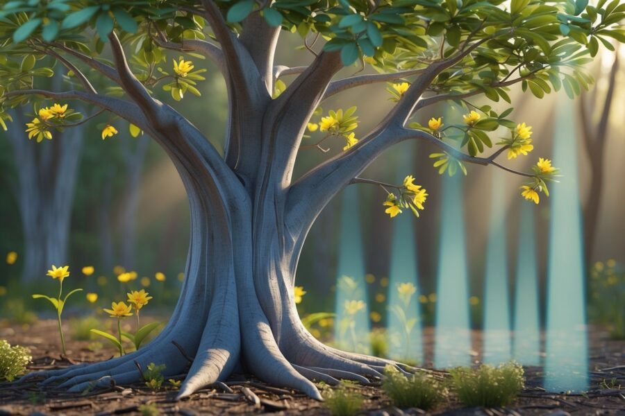 Uma árvore de sucupira em um ambiente natural com folhas verdes e flores amarelas, mostrando diferentes estágios de crescimento para representar o tempo passando.