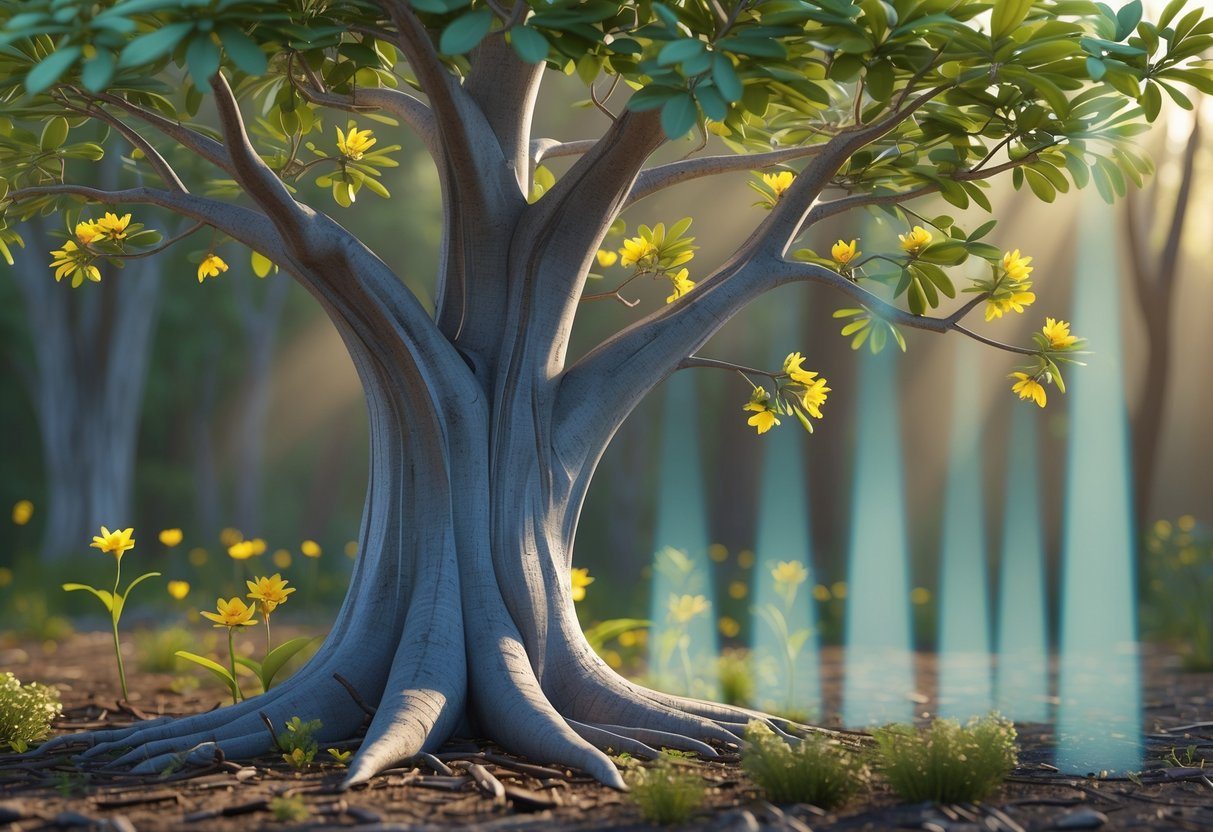 Uma árvore de sucupira em um ambiente natural com folhas verdes e flores amarelas, mostrando diferentes estágios de crescimento para representar o tempo passando.