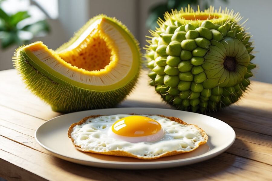 Fruta jaca cortada ao lado de um ovo frito em um prato sobre uma mesa de madeira.