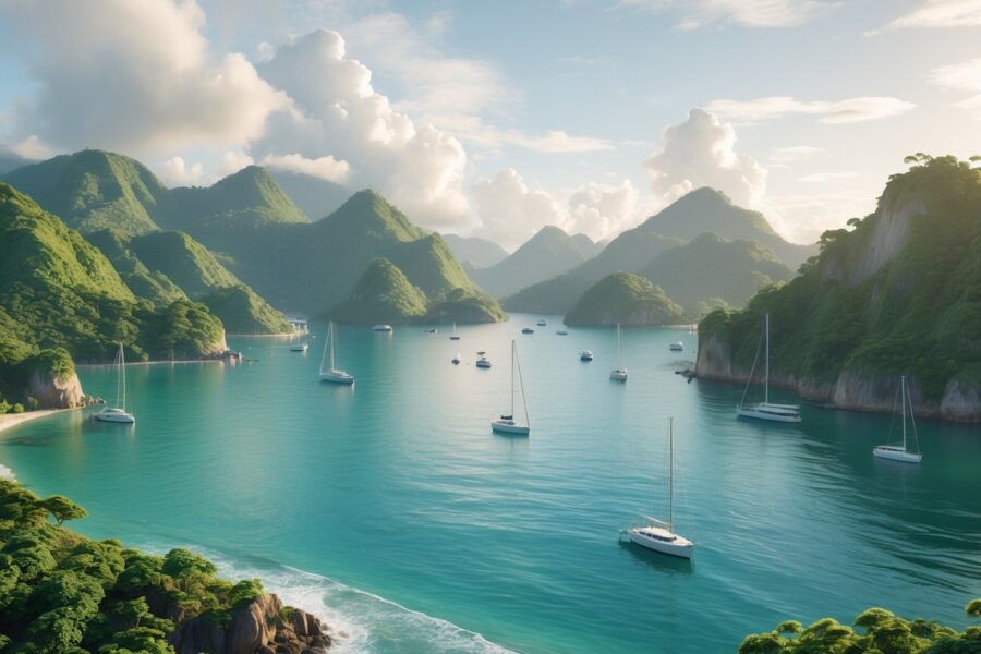 Vista de uma baía em Angra dos Reis com montanhas verdes, águas turquesa, barcos ancorados e um pequeno rochedo próximo à costa.