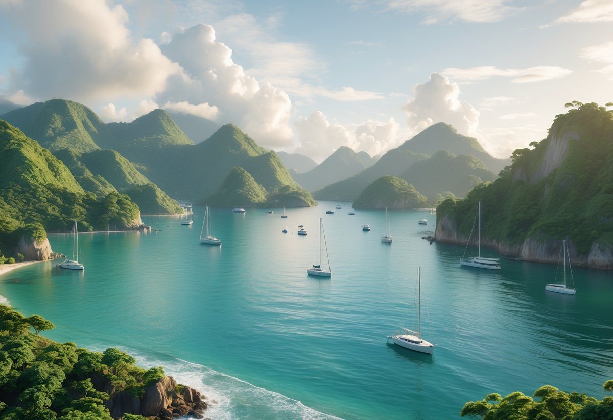 Vista de uma baía em Angra dos Reis com montanhas verdes, águas turquesa, barcos ancorados e um pequeno rochedo próximo à costa.