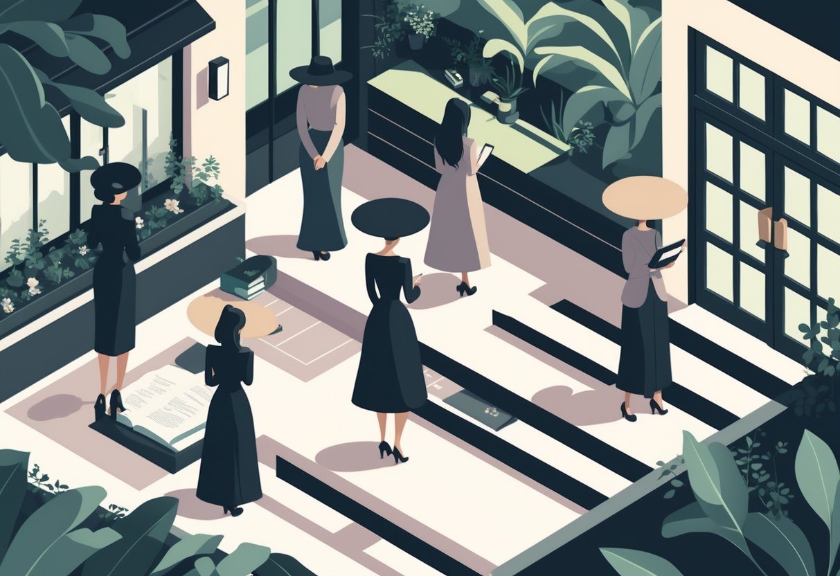 Cena mostrando mulheres famosas em um ambiente urbano elegante, com rostos parcialmente ocultos e elementos que simbolizam privacidade, como livros fechados e smartphones com telas protegidas.