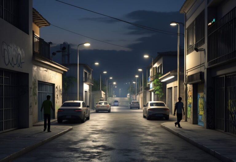 Cena noturna de ruas escuras e pouco iluminadas em Taboão da Serra, com prédios residenciais e comerciais, poucas pessoas e uma atmosfera de cautela.