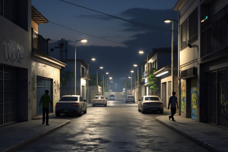Cena noturna de ruas escuras e pouco iluminadas em Taboão da Serra, com prédios residenciais e comerciais, poucas pessoas e uma atmosfera de cautela.