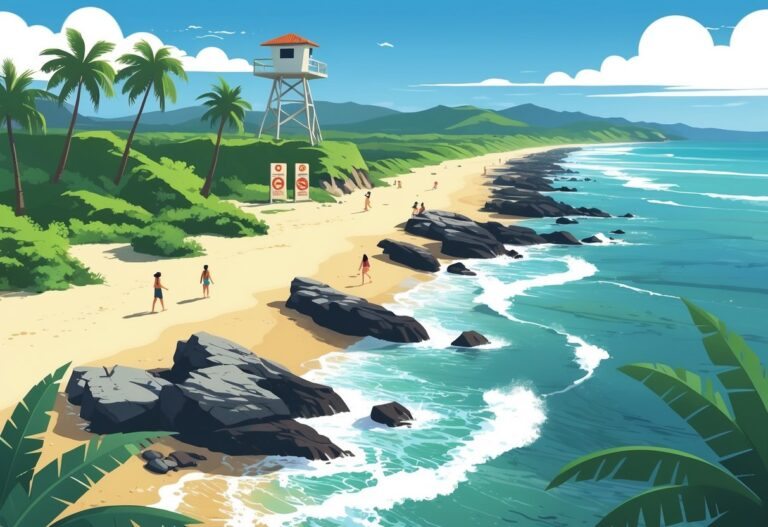 Vista da praia com areia, pedras no litoral, algumas pessoas próximas às pedras, uma torre de salva-vidas ao fundo e coqueiros ao redor.