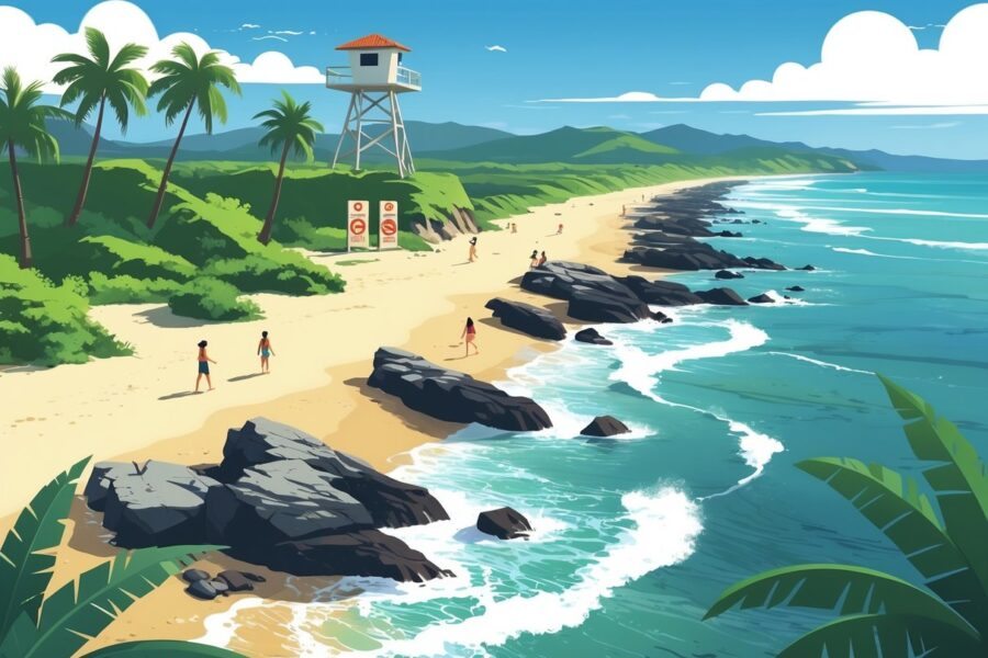 Vista da praia com areia, pedras no litoral, algumas pessoas próximas às pedras, uma torre de salva-vidas ao fundo e coqueiros ao redor.