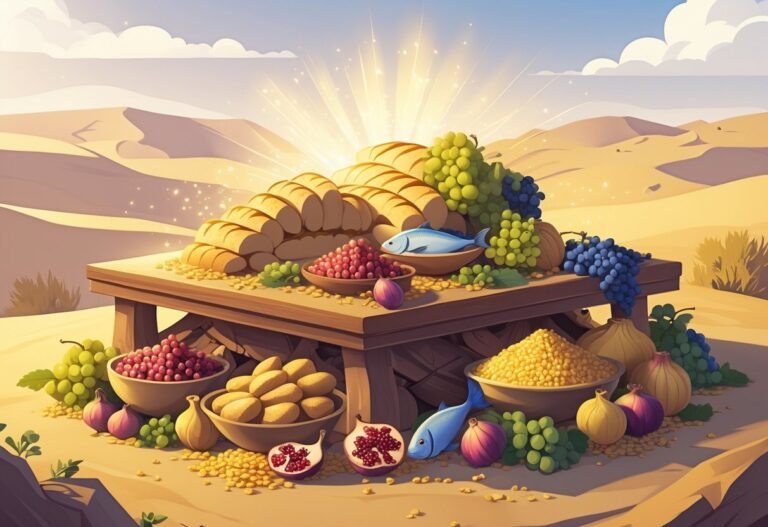 Mesa antiga repleta de alimentos variados, como pães, uvas, figos, romãs, peixes e grãos, em um cenário ao ar livre com colinas e céu claro ao fundo.