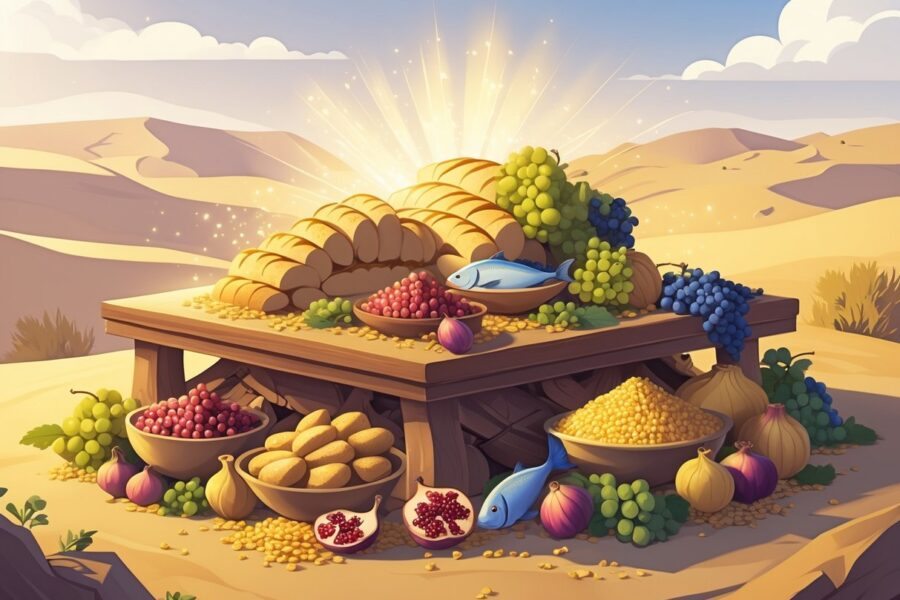 Mesa antiga repleta de alimentos variados, como pães, uvas, figos, romãs, peixes e grãos, em um cenário ao ar livre com colinas e céu claro ao fundo.