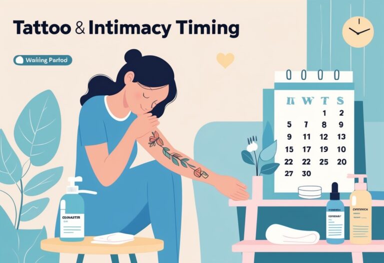 Pessoa olhando para sua tatuagem recente no braço, com um calendário ao lado mostrando dias marcados e itens de cuidado para tatuagem sobre uma mesa.