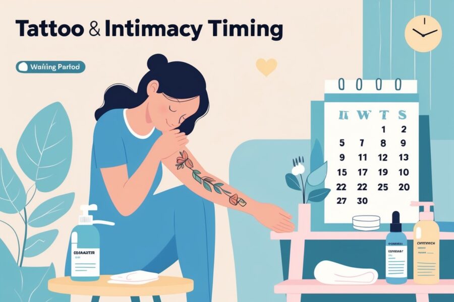 Pessoa olhando para sua tatuagem recente no braço, com um calendário ao lado mostrando dias marcados e itens de cuidado para tatuagem sobre uma mesa.