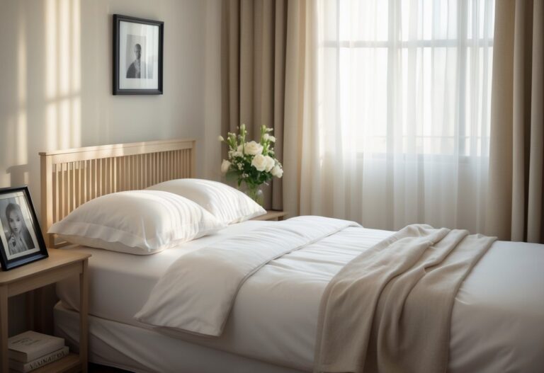 Quarto tranquilo com cama arrumada, vaso de flores e uma foto em preto e branco sobre a mesa de cabeceira.