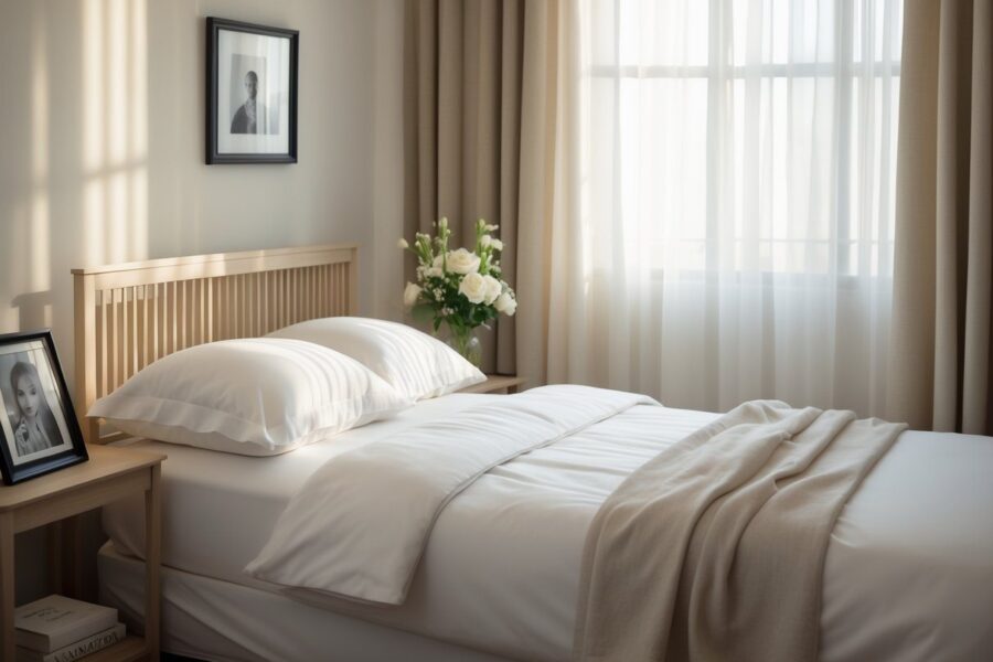 Quarto tranquilo com cama arrumada, vaso de flores e uma foto em preto e branco sobre a mesa de cabeceira.