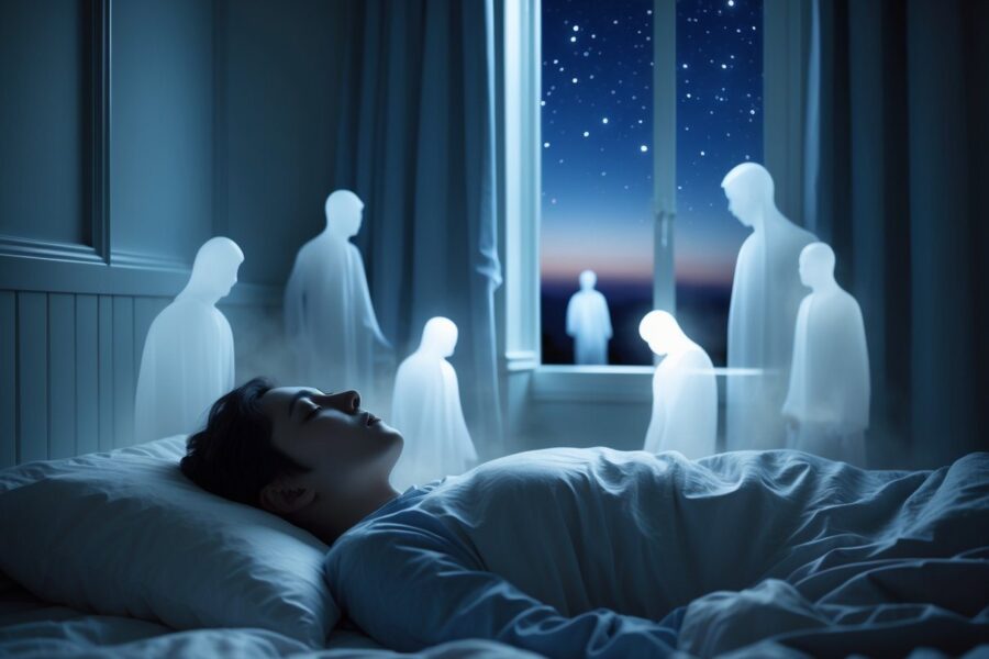 Pessoa deitada em uma cama à noite, com figuras translúcidas ao redor representando alguém que morreu, em uma cena tranquila e reflexiva.