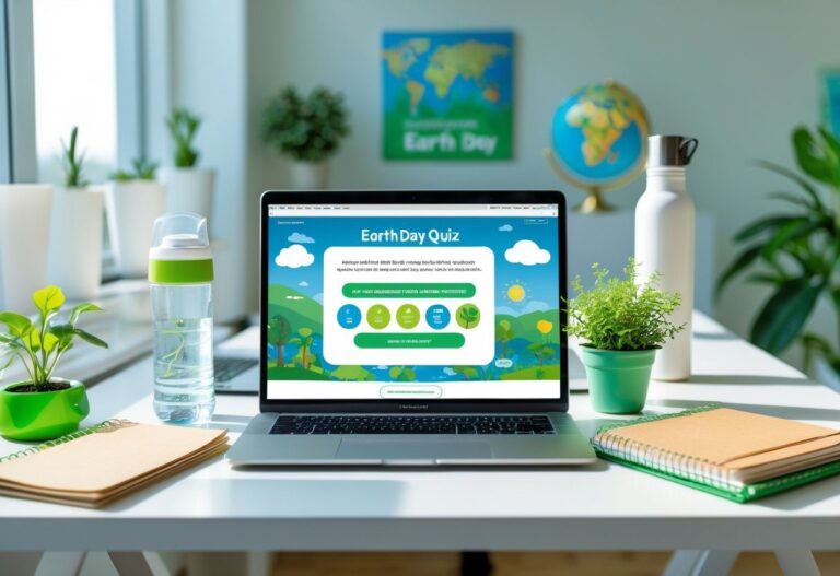 Mesa de escritório moderna com laptop mostrando quiz ambiental, planta pequena, garrafa reutilizável e decoração temática do Dia da Terra.