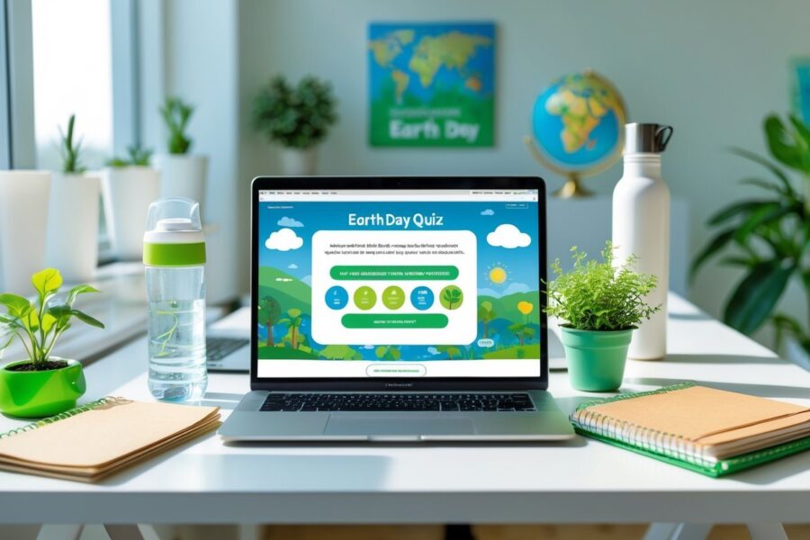 Mesa de escritório moderna com laptop mostrando quiz ambiental, planta pequena, garrafa reutilizável e decoração temática do Dia da Terra.