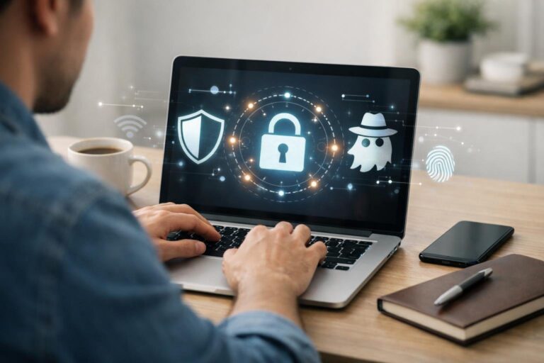Pessoa usando um laptop em um ambiente de escritório em casa, com ícones digitais sutis relacionados à segurança e privacidade ao redor do computador.