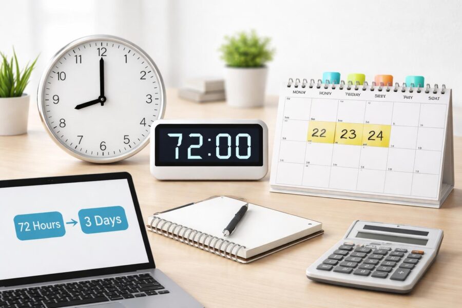 Mesa de trabalho com relógios analógico e digital, calendário com três dias destacados e itens de escritório organizados.