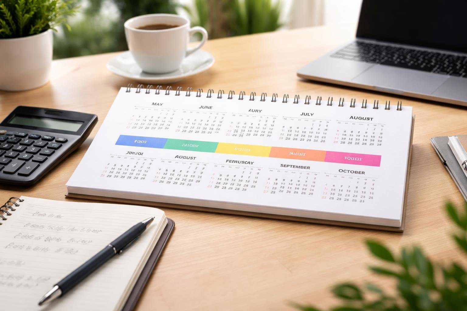 Mesa de trabalho com calendário aberto destacando 180 dias, calculadora, caderno com anotações e laptop ao fundo.