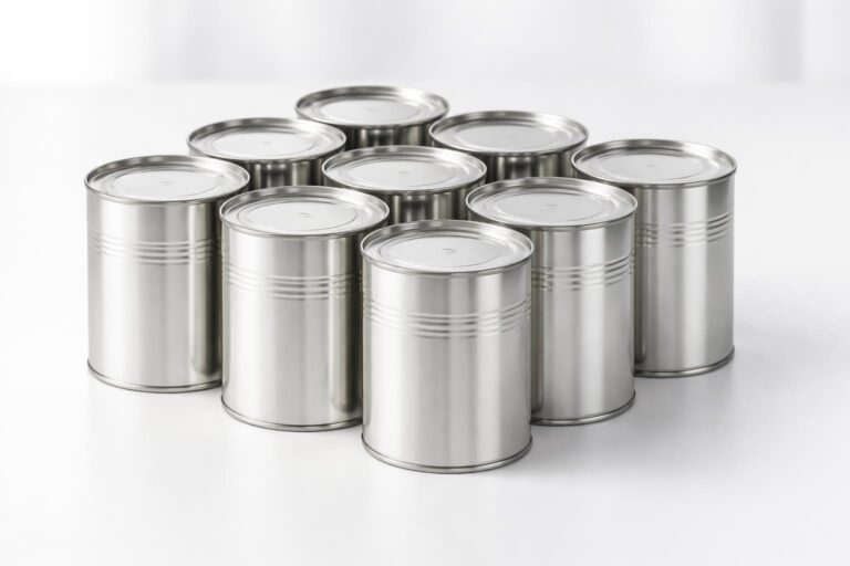 Conjunto de latinhas metálicas de 1 quilo organizadas sobre uma superfície branca.