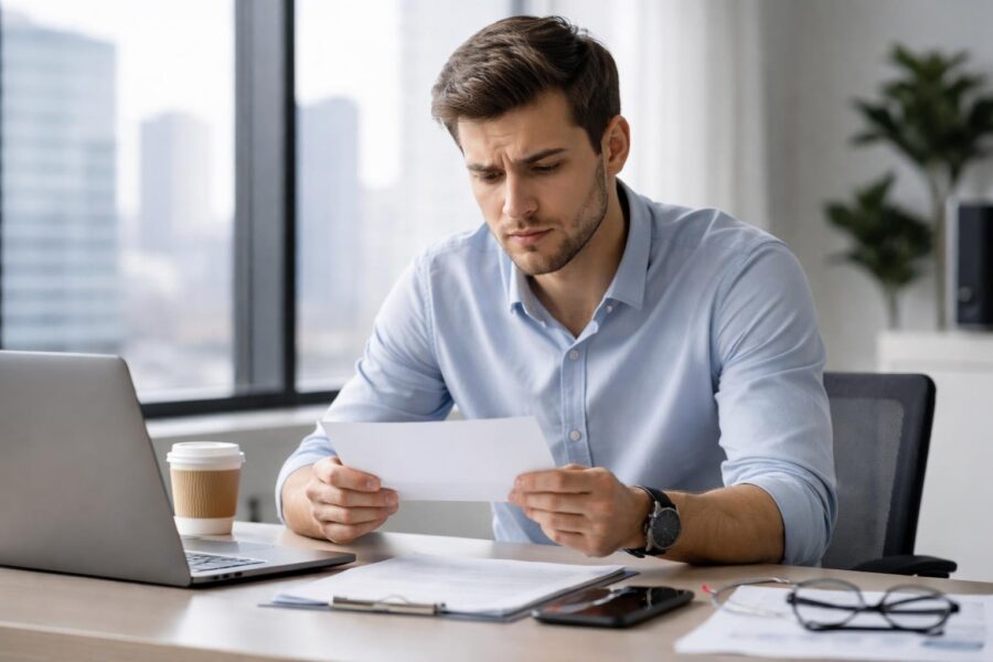 Homem sentado em escritório moderno com expressão preocupada, segurando uma carta de demissão.