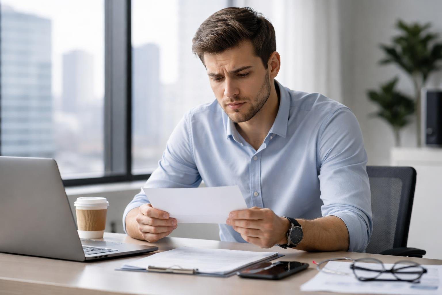 Homem sentado em escritório moderno com expressão preocupada, segurando uma carta de demissão.