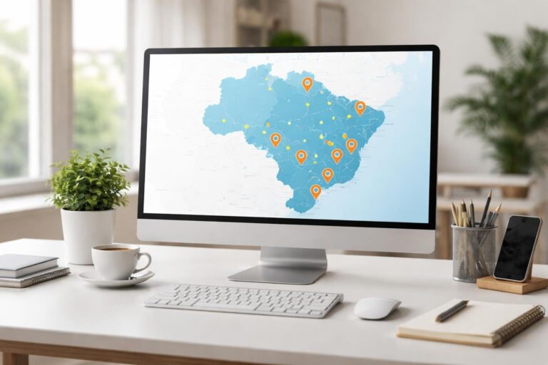 Mesa de escritório organizada com computador mostrando um mapa digital destacando localizações.