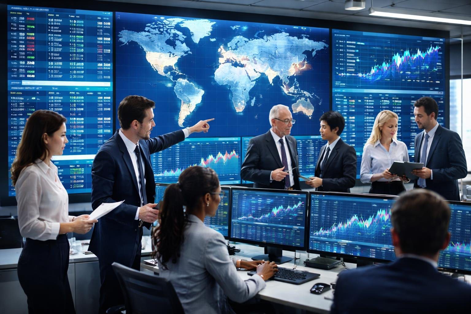 Profissionais em um escritório financeiro moderno analisando dados de mercados de ações em telas digitais grandes.