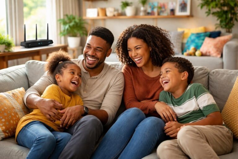 Família sorridente reunida na sala de estar, com um roteador Wi-Fi em uma prateleira ao fundo, transmitindo um ambiente acolhedor e divertido.