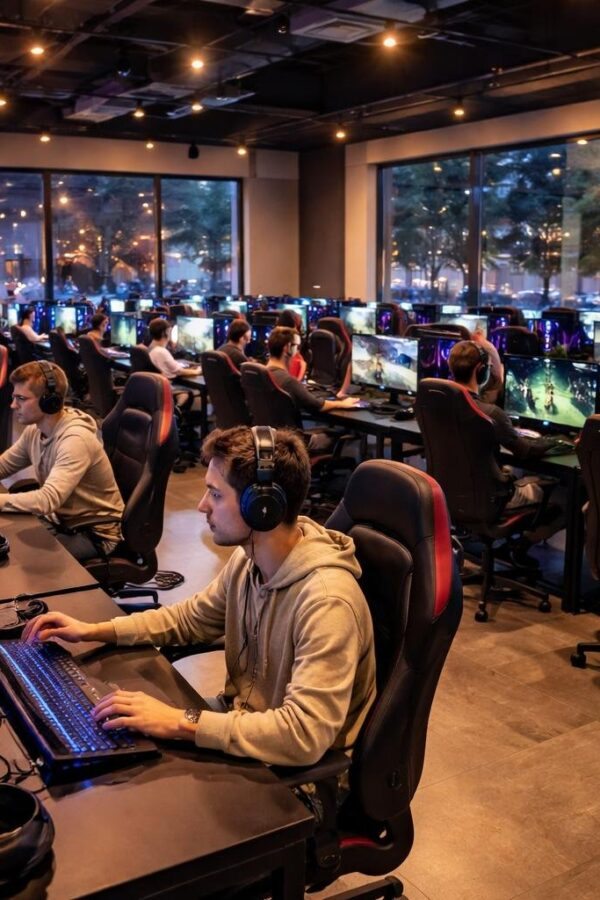 Interior de uma lan house moderna com várias pessoas usando computadores em um ambiente iluminado e organizado.