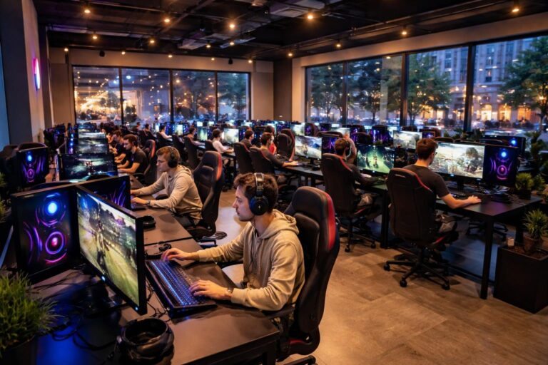 Interior de uma lan house moderna com várias pessoas usando computadores em um ambiente iluminado e organizado.